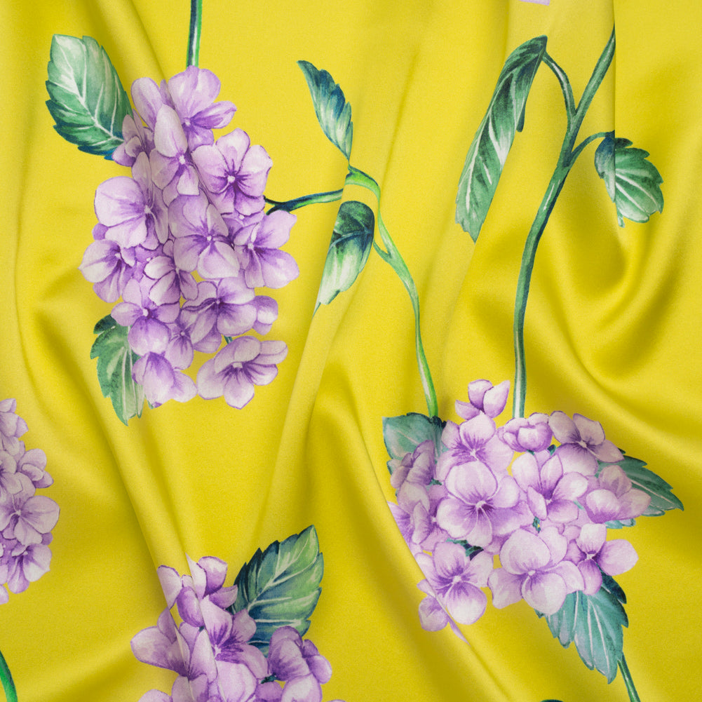 Silk Charmeuse Print 16MM, Made in Italy - Chartreuse and Lilac Hydrangeas Silk Charmeuse Print 16MM, Made in Italy - Chartreuse and Lilac Hydrangeas