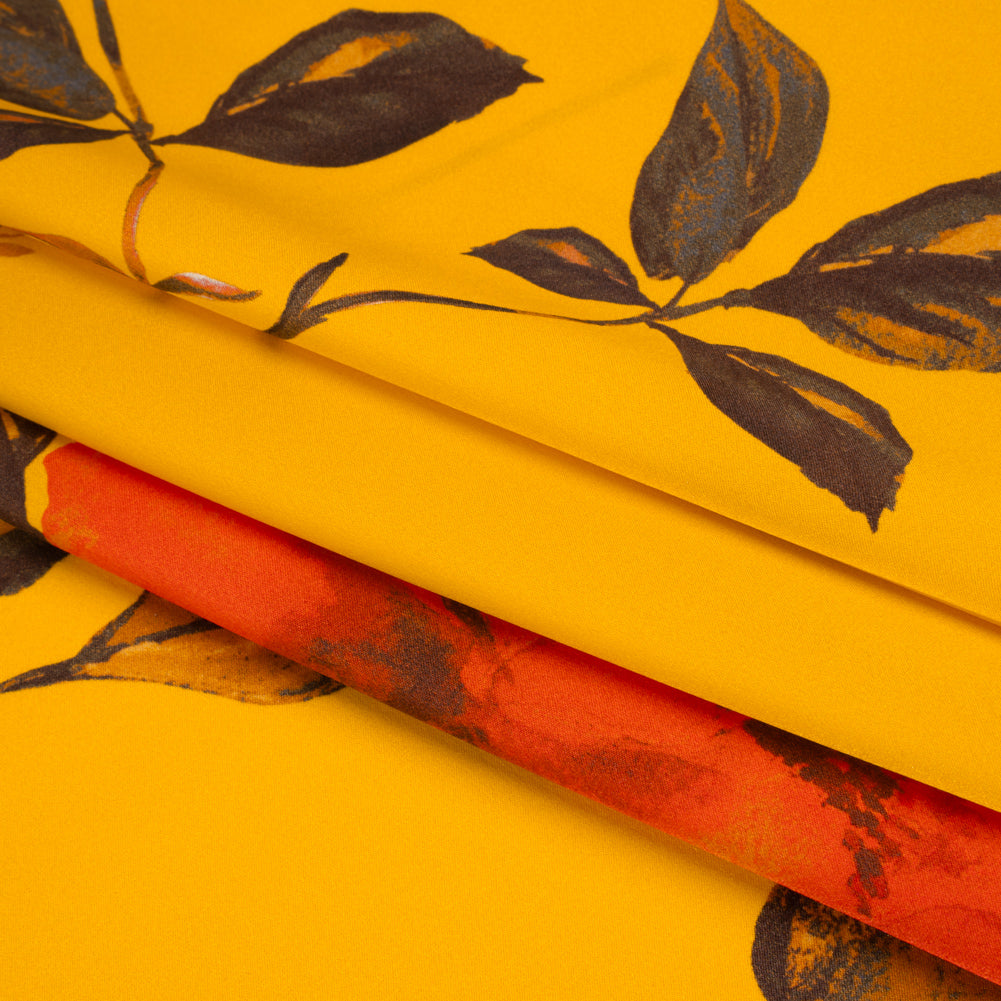 Silk Charmeuse Print 16MM, Made in Italy - Golden Yellow and Red Scattered Roses Silk Charmeuse Print 16MM, Made in Italy - Golden Yellow and Red Scattered Roses
