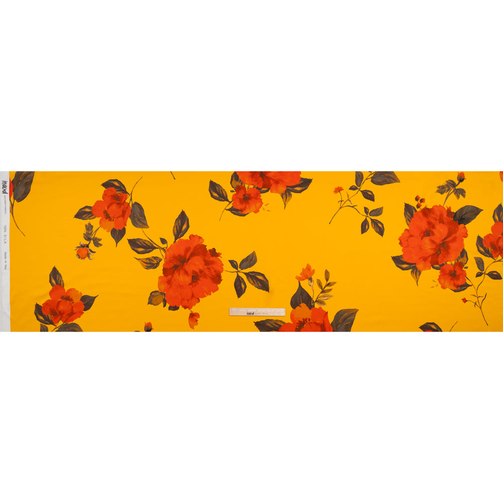 Silk Charmeuse Print 16MM, Made in Italy - Golden Yellow and Red Scattered Roses Silk Charmeuse Print 16MM, Made in Italy - Golden Yellow and Red Scattered Roses