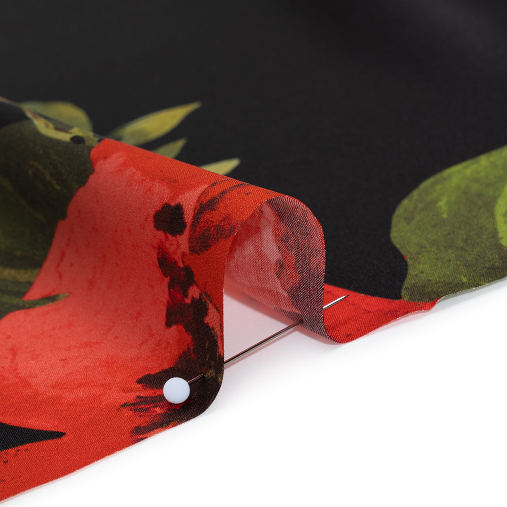Silk Charmeuse Print 16MM, Made in Italy - Black and Red Scattered Roses Silk Charmeuse Print 16MM, Made in Italy - Black and Red Scattered Roses