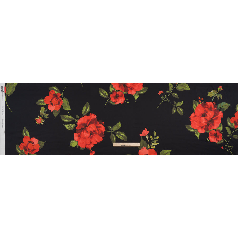 Silk Charmeuse Print 16MM, Made in Italy - Black and Red Scattered Roses Silk Charmeuse Print 16MM, Made in Italy - Black and Red Scattered Roses