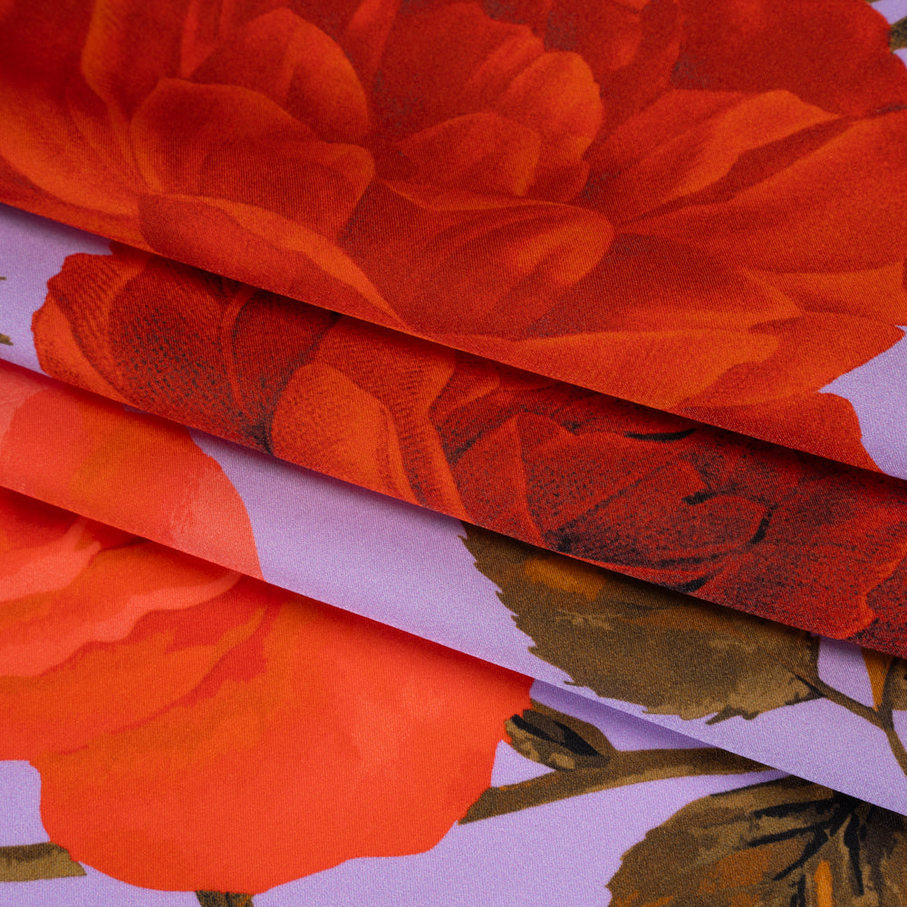 Silk Charmeuse Print 16MM, Made in Italy - Lavender, Red and Olive Green Roses and Stems Silk Charmeuse Print 16MM, Made in Italy - Lavender, Red and Olive Green Roses and Stems