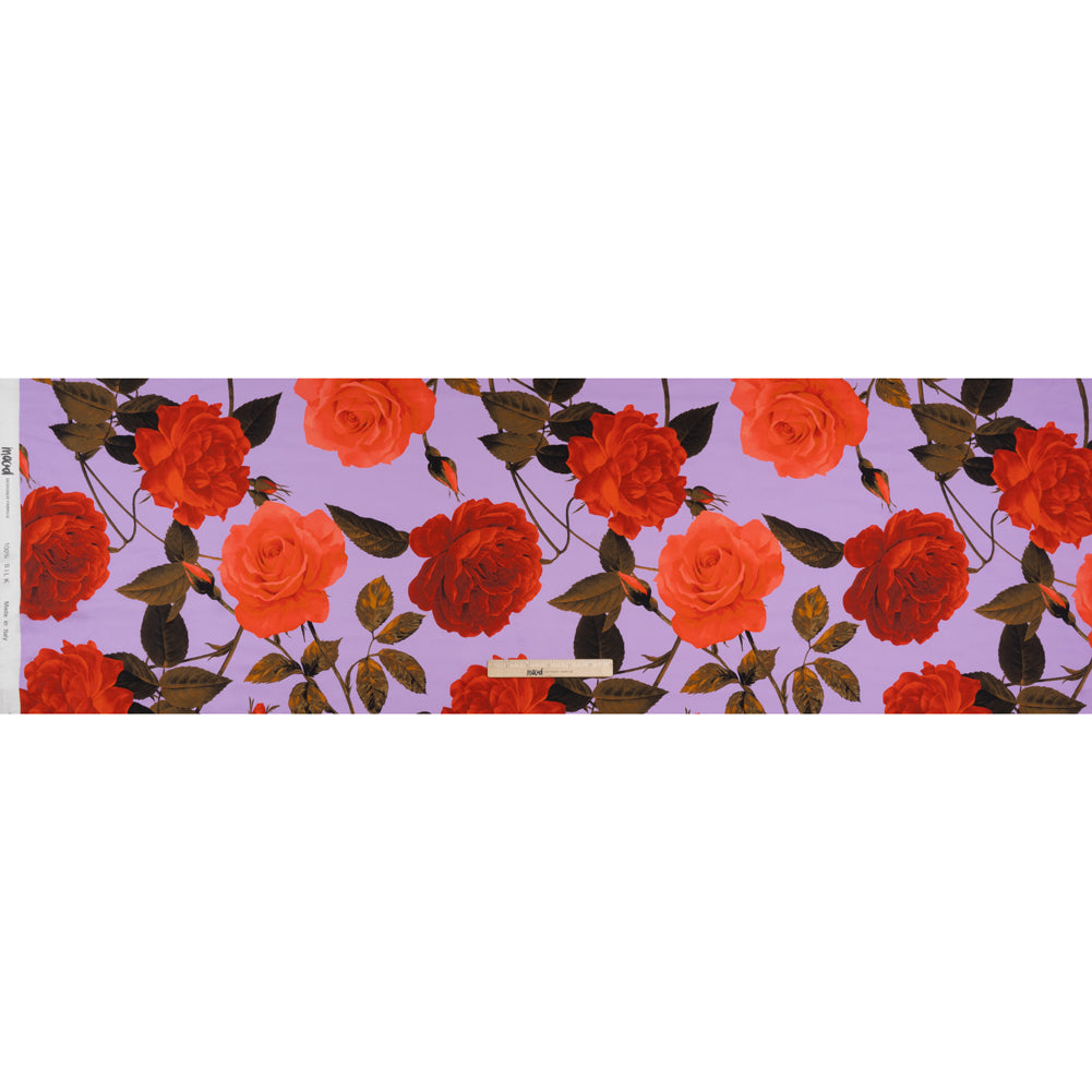 Silk Charmeuse Print 16MM, Made in Italy - Lavender, Red and Olive Green Roses and Stems Silk Charmeuse Print 16MM, Made in Italy - Lavender, Red and Olive Green Roses and Stems