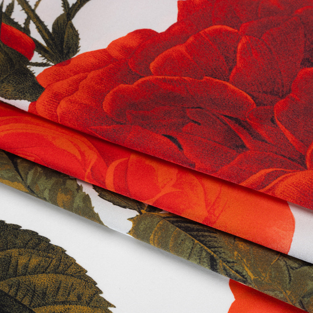 Silk Charmeuse Print 16MM, Made in Italy - White, Red and Olive Green Roses and Stems Silk Charmeuse Print 16MM, Made in Italy - White, Red and Olive Green Roses and Stems