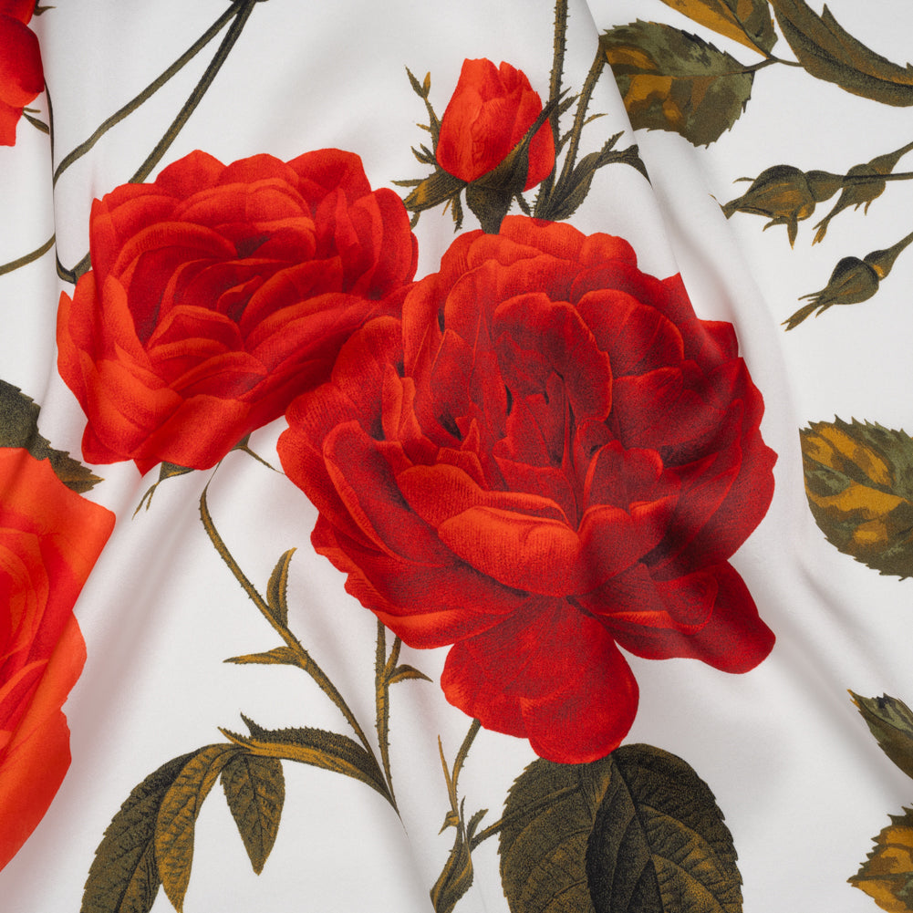 Silk Charmeuse Print 16MM, Made in Italy - White, Red and Olive Green Roses and Stems Silk Charmeuse Print 16MM, Made in Italy - White, Red and Olive Green Roses and Stems