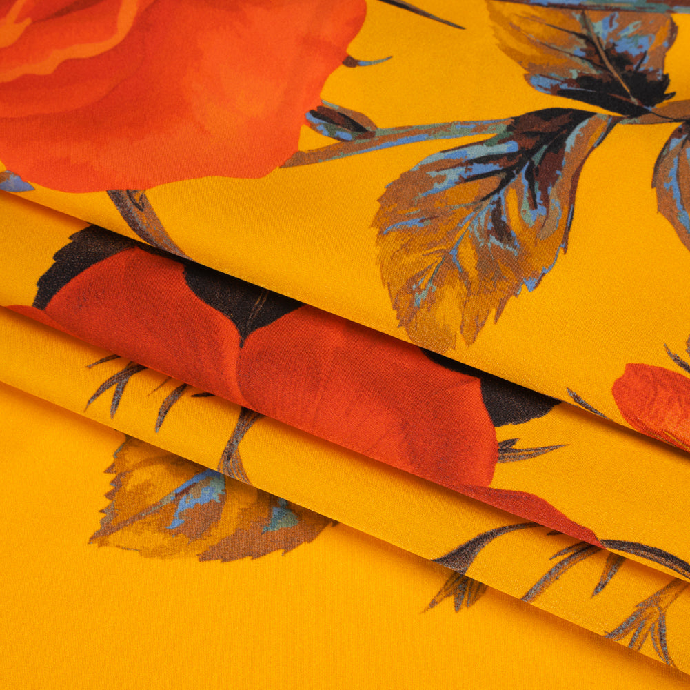 Silk Charmeuse Print 16MM, Made in Italy - Golden Yellow, Red and Olive Green Roses and Stems Silk Charmeuse Print 16MM, Made in Italy - Golden Yellow, Red and Olive Green Roses and Stems