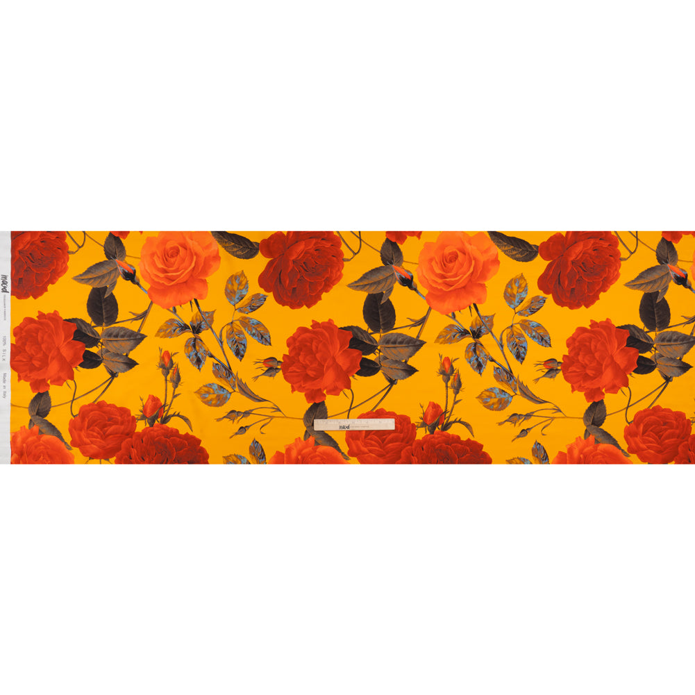 Silk Charmeuse Print 16MM, Made in Italy - Golden Yellow, Red and Olive Green Roses and Stems Silk Charmeuse Print 16MM, Made in Italy - Golden Yellow, Red and Olive Green Roses and Stems