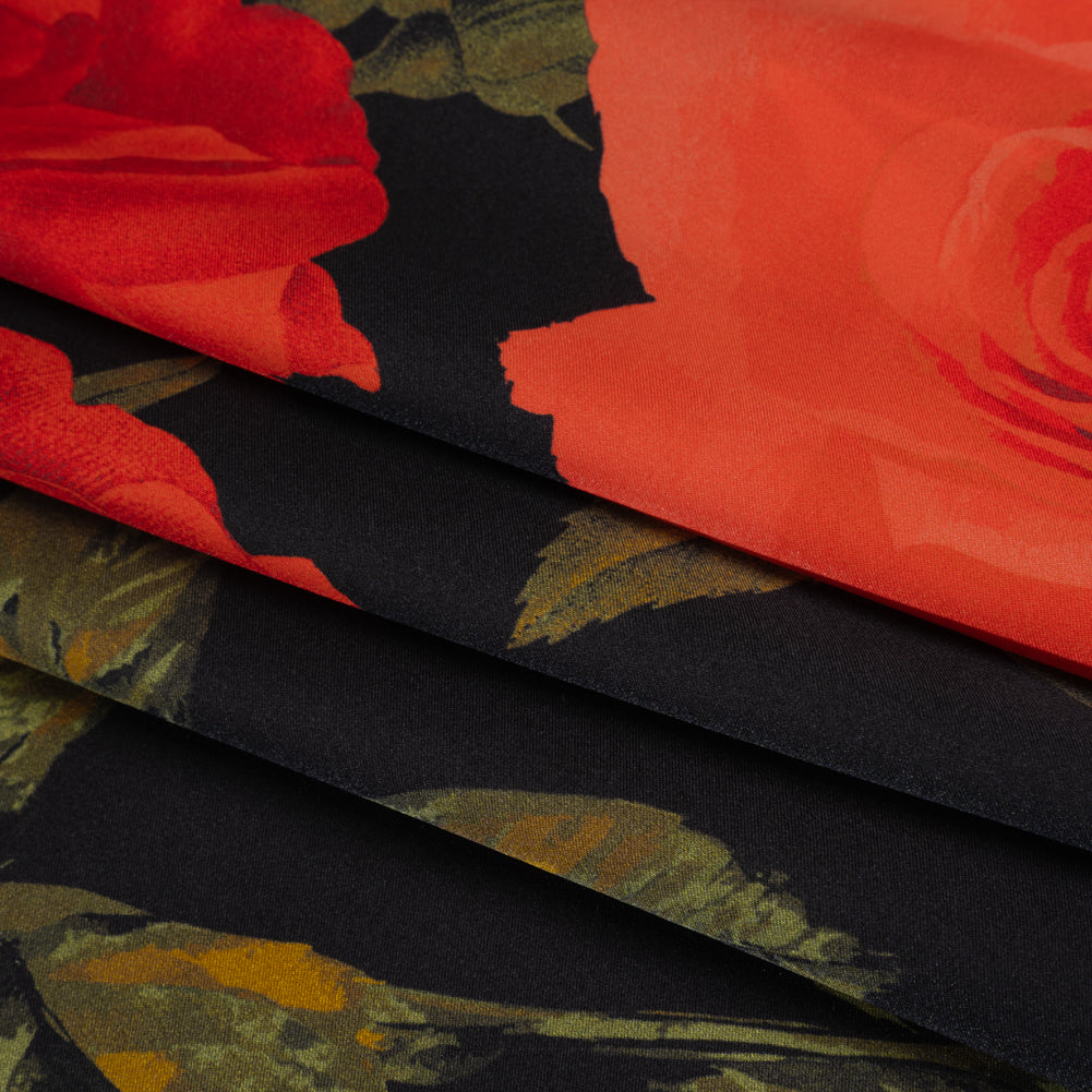 Silk Charmeuse Print 16MM, Made in Italy - Black, Red and Olive Green Roses and Stems Silk Charmeuse Print 16MM, Made in Italy - Black, Red and Olive Green Roses and Stems