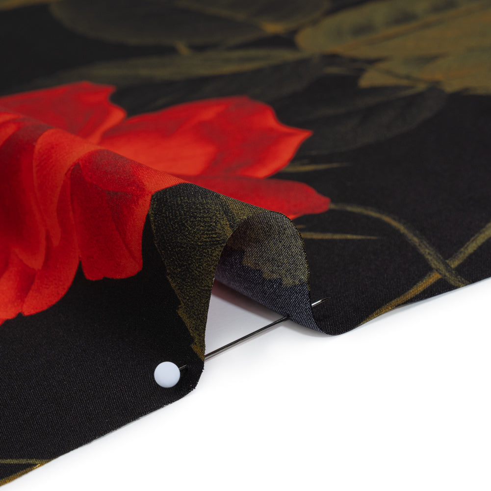 Silk Charmeuse Print 16MM, Made in Italy - Black, Red and Olive Green Roses and Stems Silk Charmeuse Print 16MM, Made in Italy - Black, Red and Olive Green Roses and Stems