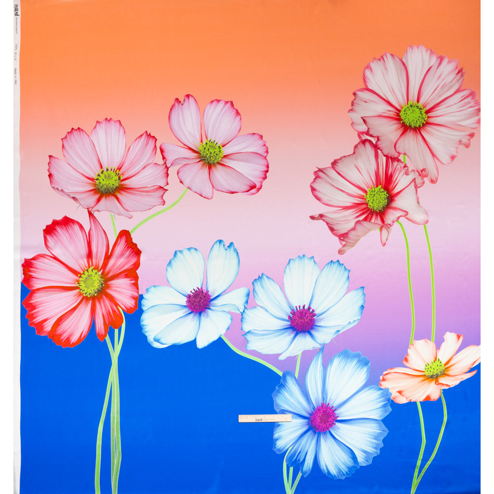 Silk Charmeuse Panel 16MM, Made in Italy - Blue, Pink and Peach Flowers and Ombre Silk Charmeuse Panel 16MM, Made in Italy - Blue, Pink and Peach Flowers and Ombre