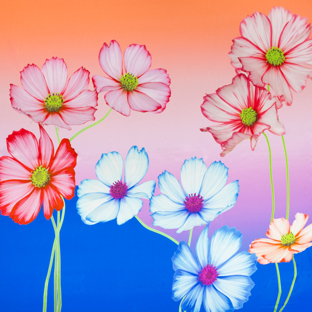 Silk Charmeuse Panel 16MM, Made in Italy - Blue, Pink and Peach Flowers and Ombre Silk Charmeuse Panel 16MM, Made in Italy - Blue, Pink and Peach Flowers and Ombre