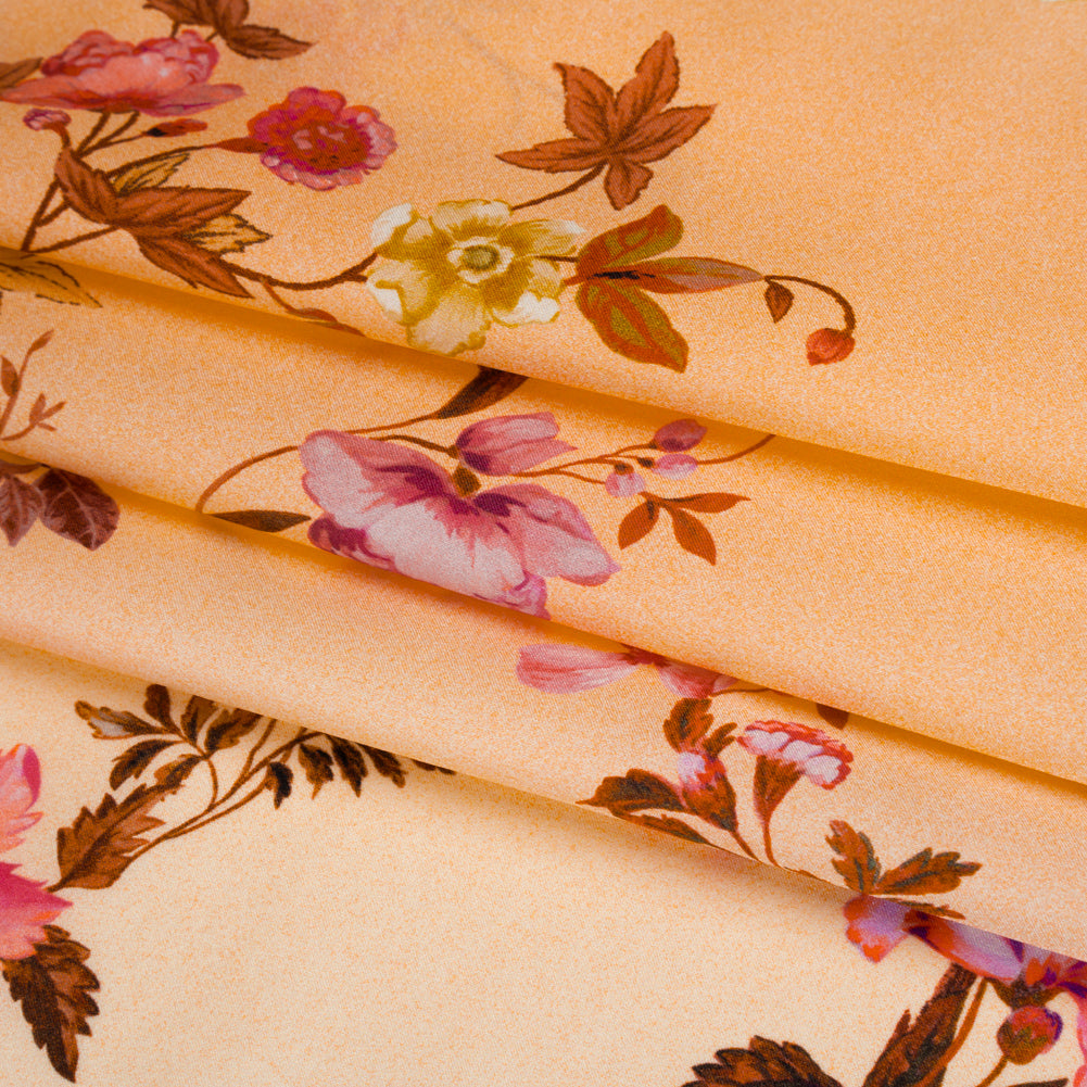 Silk Charmeuse Print 16MM, Made in Italy - Peach Ombre with Pink and Brown Floral Borders Silk Charmeuse Print 16MM, Made in Italy - Peach Ombre with Pink and Brown Floral Borders