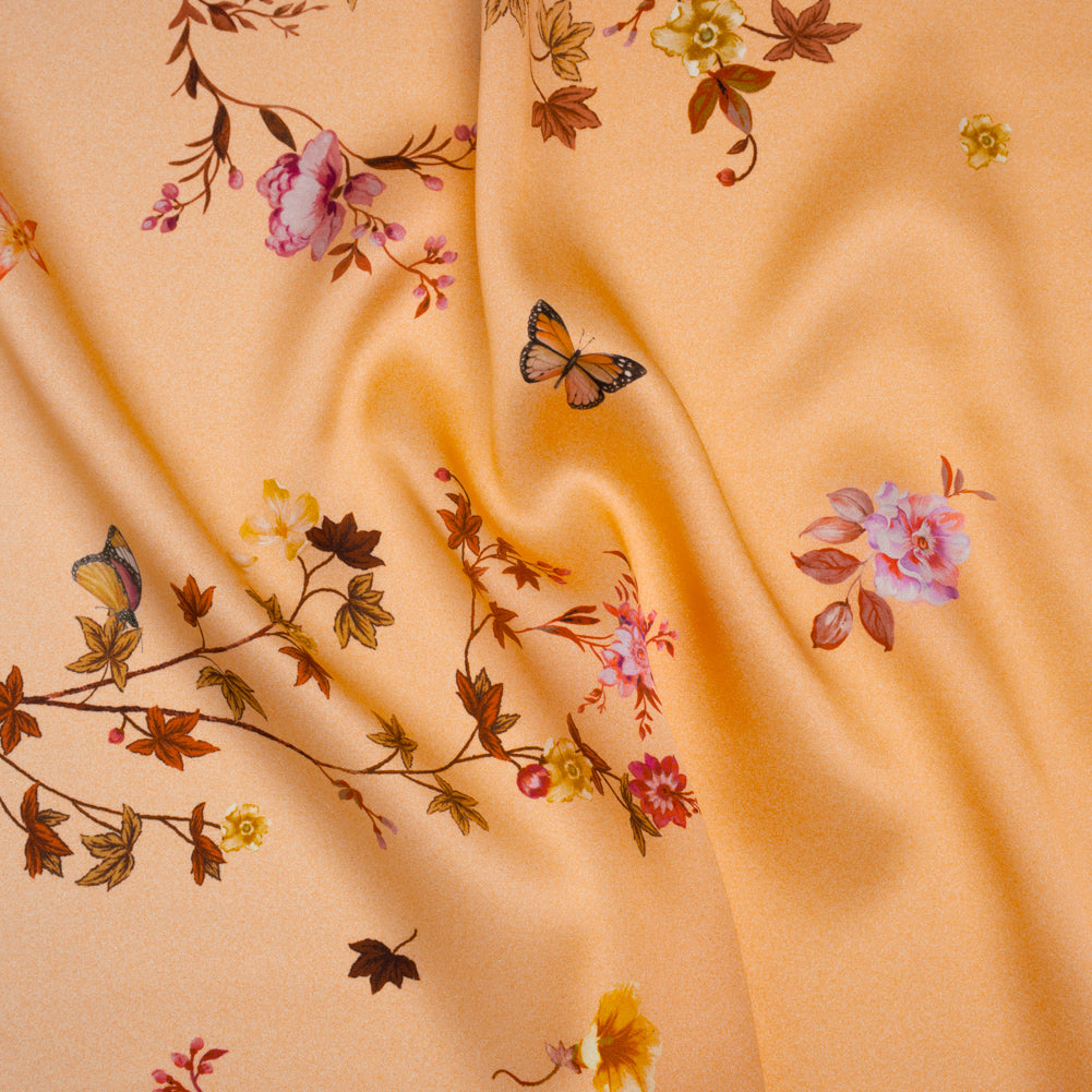 Silk Charmeuse Print 16MM, Made in Italy - Peach Ombre with Pink and Brown Floral Borders Silk Charmeuse Print 16MM, Made in Italy - Peach Ombre with Pink and Brown Floral Borders