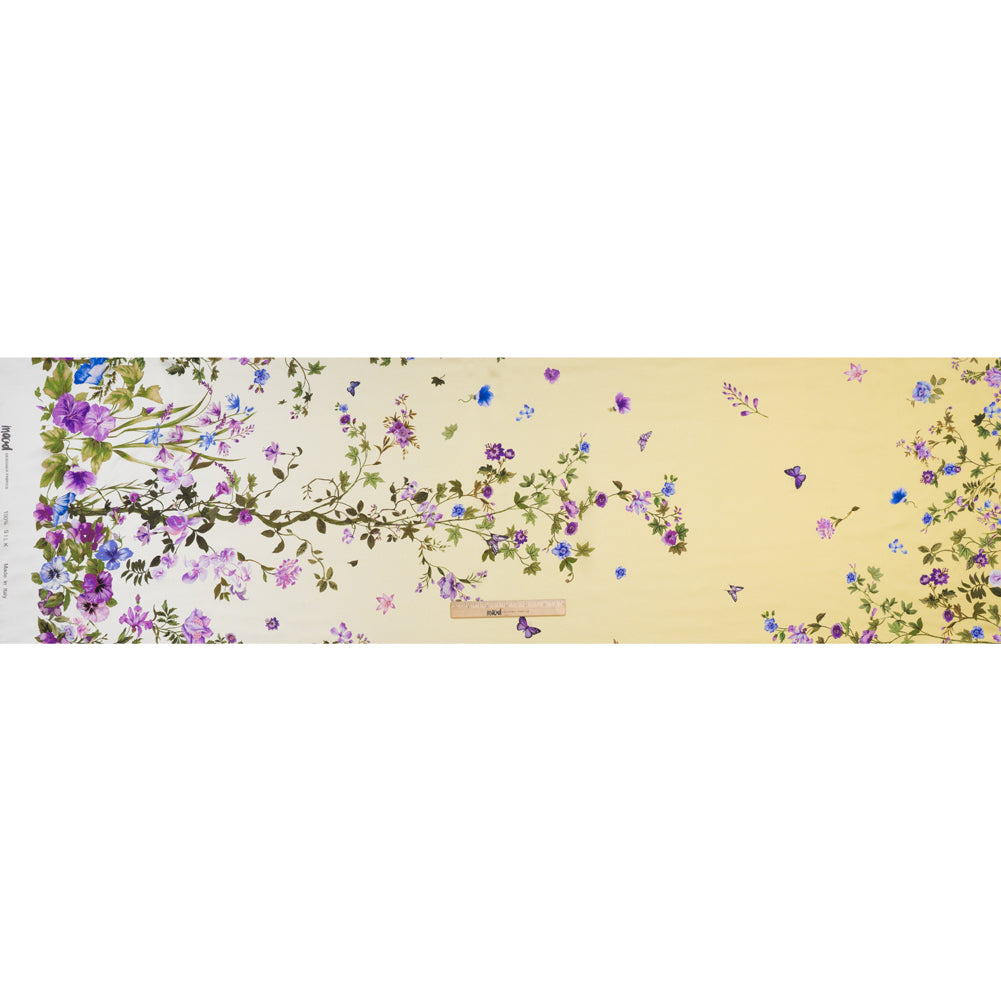 Silk Charmeuse Print 16MM, Made in Italy - Yellow Ombre with Purple and Blue Floral Borders Silk Charmeuse Print 16MM, Made in Italy - Yellow Ombre with Purple and Blue Floral Borders