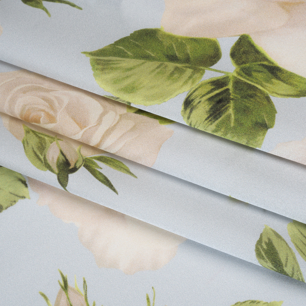 Silk Charmeuse Print 16MM, Made in Italy - Pale Blue, White and Green Bunches of Roses Silk Charmeuse Print 16MM, Made in Italy - Pale Blue, White and Green Bunches of Roses