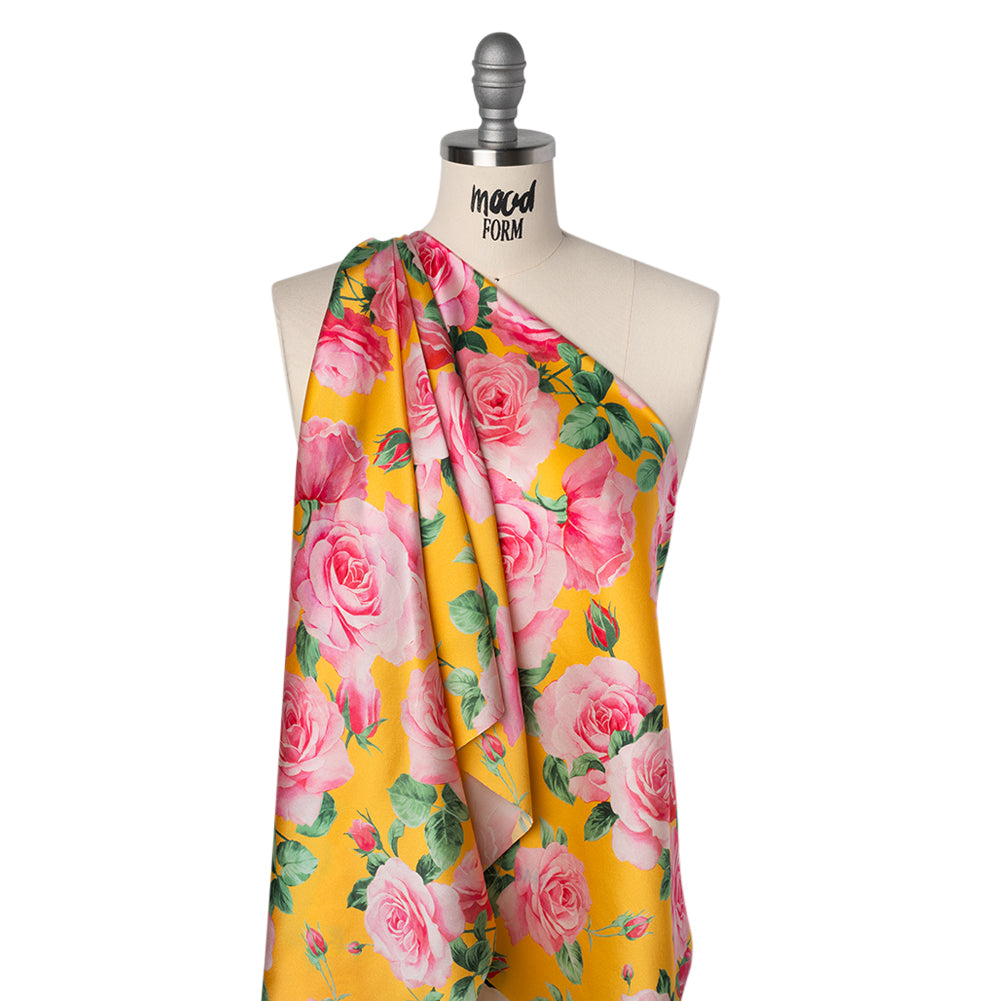 Silk Charmeuse Print 16MM, Made in Italy - Yellow, Pink and Green Bunches of Roses Silk Charmeuse Print 16MM, Made in Italy - Yellow, Pink and Green Bunches of Roses