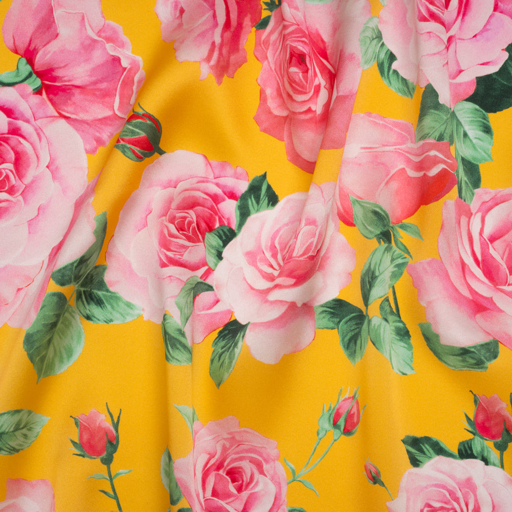 Silk Charmeuse Print 16MM, Made in Italy - Yellow, Pink and Green Bunches of Roses Silk Charmeuse Print 16MM, Made in Italy - Yellow, Pink and Green Bunches of Roses