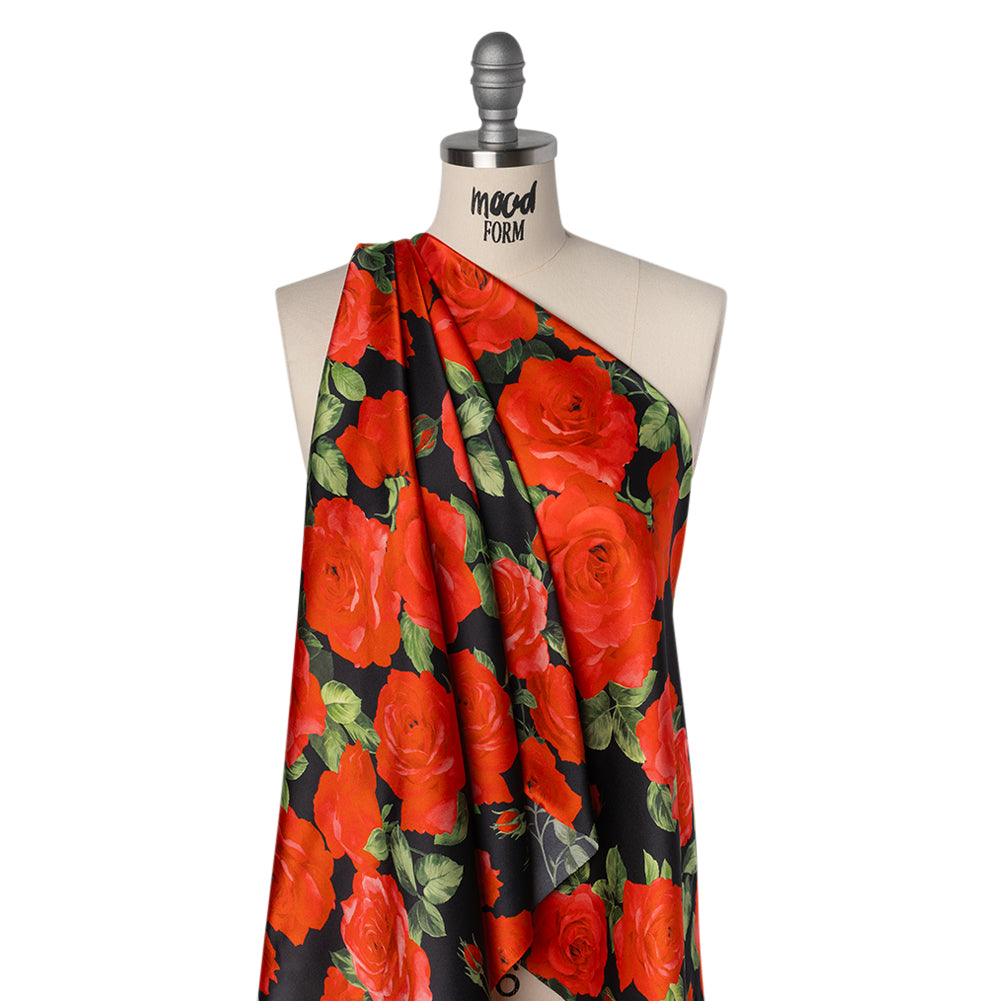 Silk Charmeuse Print 16MM, Made in Italy - Black, Red and Green Bunches of Roses Silk Charmeuse Print 16MM, Made in Italy - Black, Red and Green Bunches of Roses