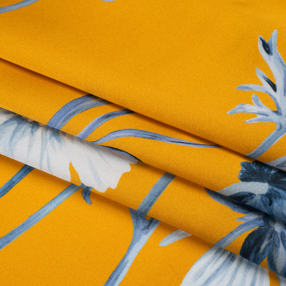 Silk Charmeuse Print 16MM, Made in Italy - Golden Yellow and Blue Floral Border Silk Charmeuse Print 16MM, Made in Italy - Golden Yellow and Blue Floral Border