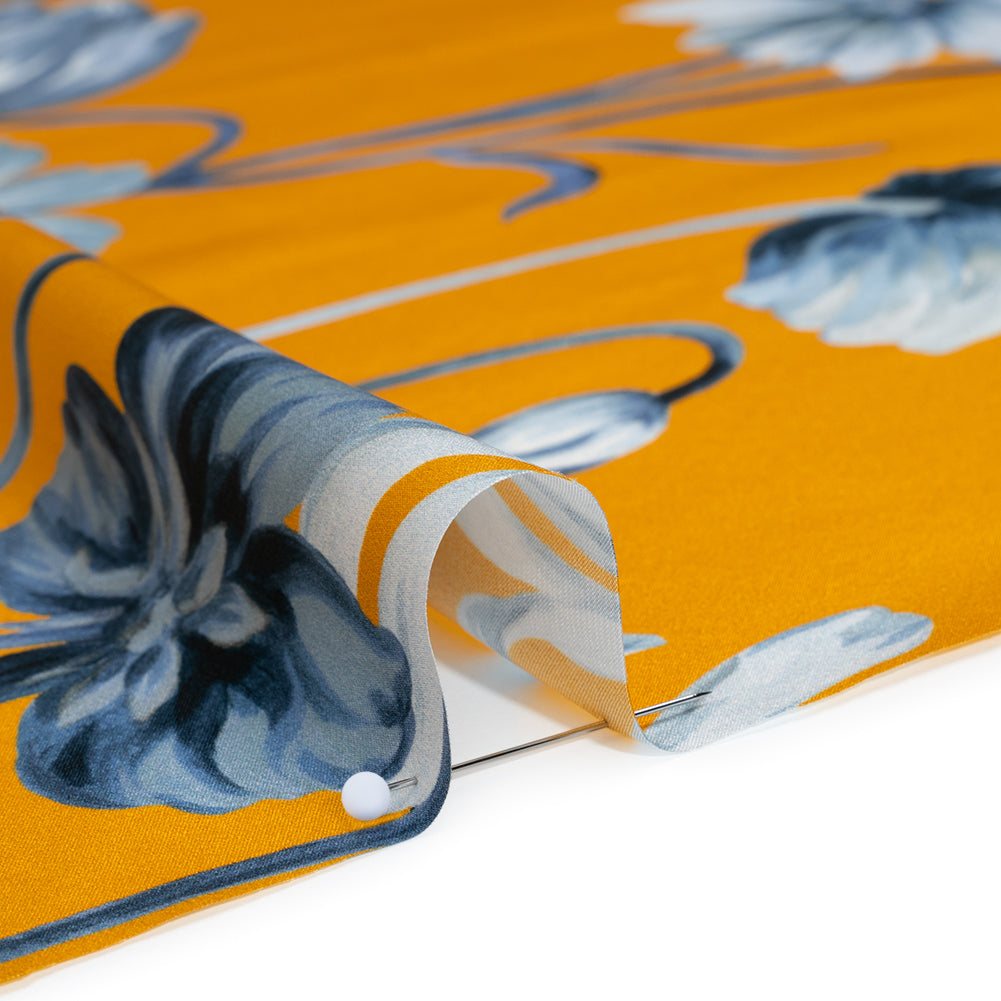 Silk Charmeuse Print 16MM, Made in Italy - Golden Yellow and Blue Floral Border Silk Charmeuse Print 16MM, Made in Italy - Golden Yellow and Blue Floral Border