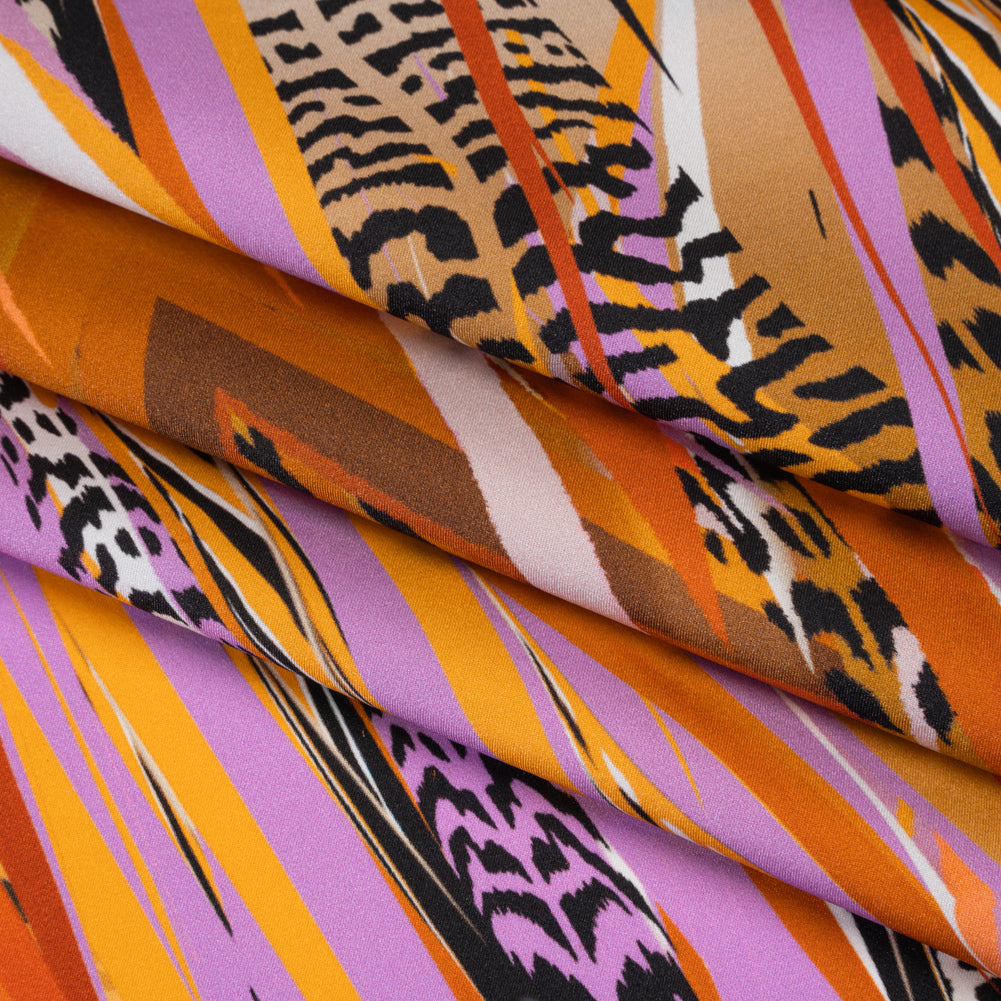 Silk Charmeuse Panel 16MM, Made in Italy - Orange, Purple and Tan Fanning Feathers Silk Charmeuse Panel 16MM, Made in Italy - Orange, Purple and Tan Fanning Feathers