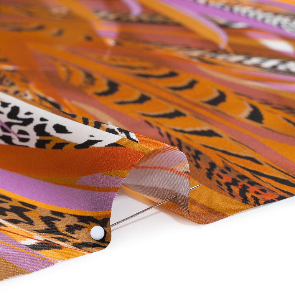 Silk Charmeuse Panel 16MM, Made in Italy - Orange, Purple and Tan Fanning Feathers Silk Charmeuse Panel 16MM, Made in Italy - Orange, Purple and Tan Fanning Feathers