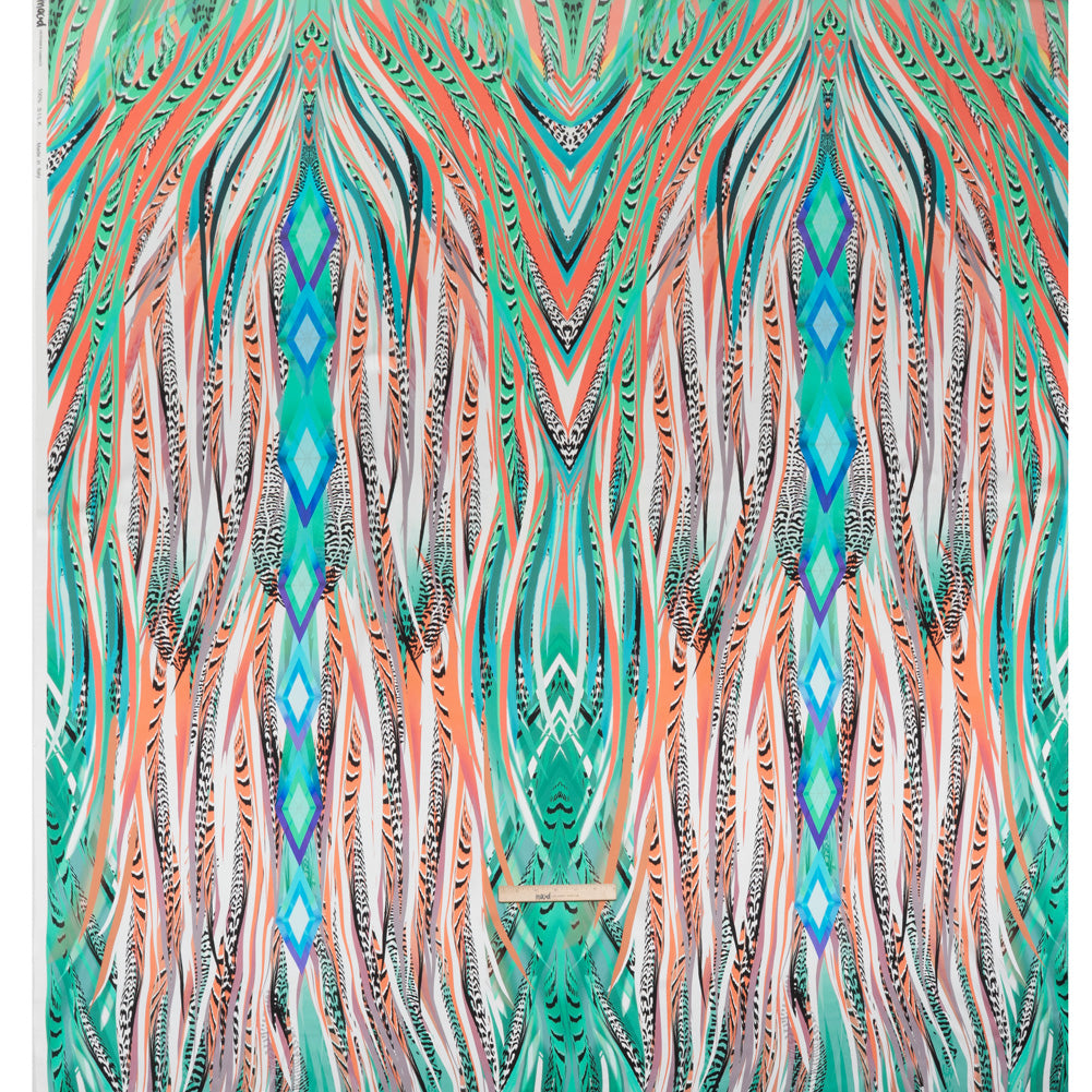 Silk Charmeuse Panel 16MM, Made in Italy - Turquoise, Mint and Coral Pink Fanning Feathers Silk Charmeuse Panel 16MM, Made in Italy - Turquoise, Mint and Coral Pink Fanning Feathers