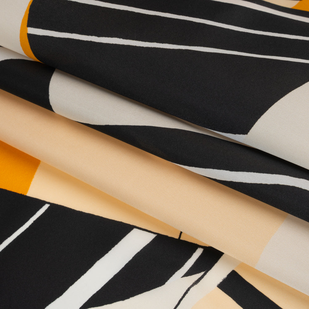 Heavy Silk Satin-Faced Organza, Made in Italy - Off White, Golden Yellow and Black Abstract Heavy Silk Satin-Faced Organza, Made in Italy - Off White, Golden Yellow and Black Abstract