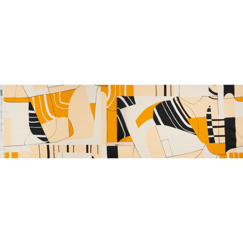 Heavy Silk Satin-Faced Organza, Made in Italy - Off White, Golden Yellow and Black Abstract Heavy Silk Satin-Faced Organza, Made in Italy - Off White, Golden Yellow and Black Abstract