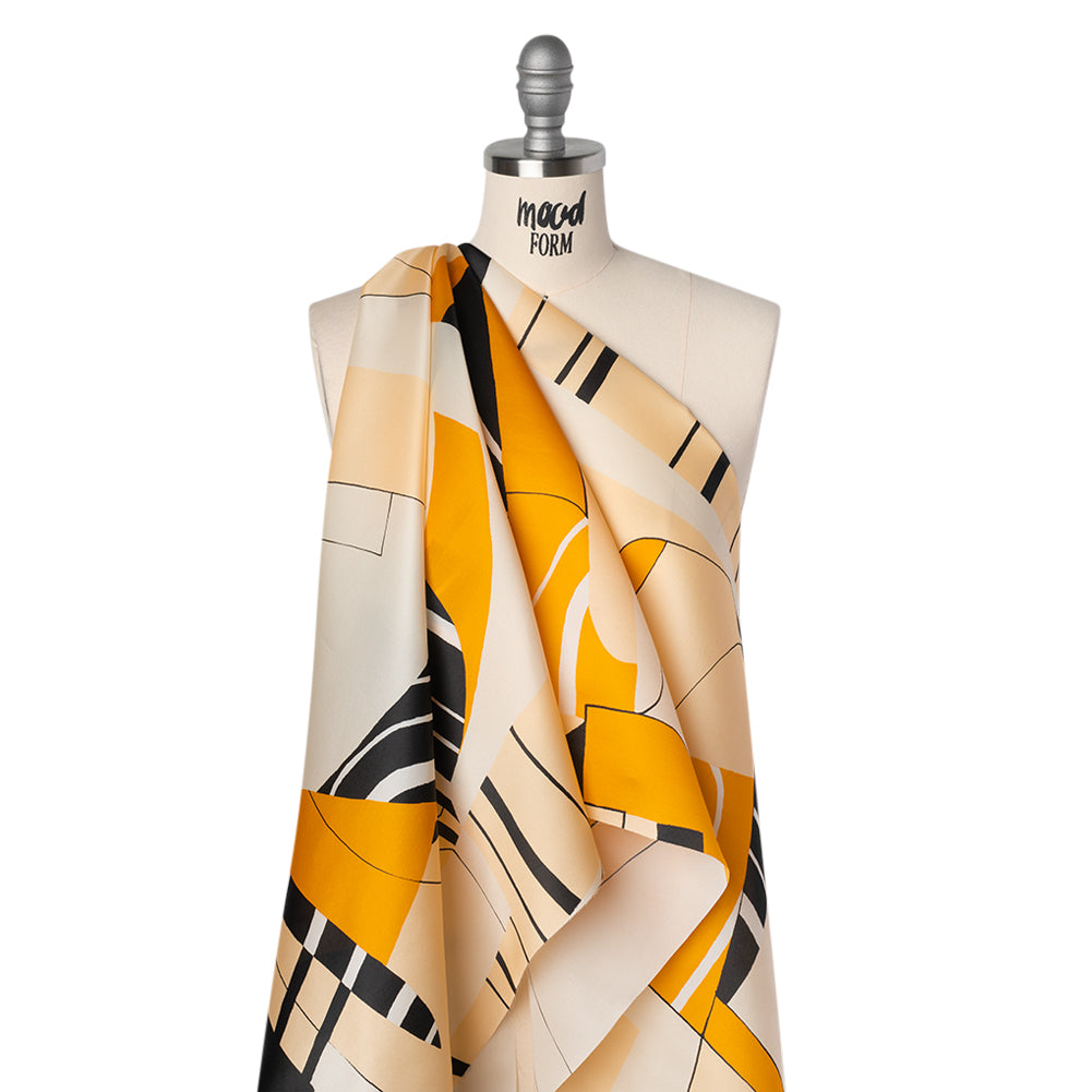 Heavy Silk Satin-Faced Organza, Made in Italy - Off White, Golden Yellow and Black Abstract Heavy Silk Satin-Faced Organza, Made in Italy - Off White, Golden Yellow and Black Abstract