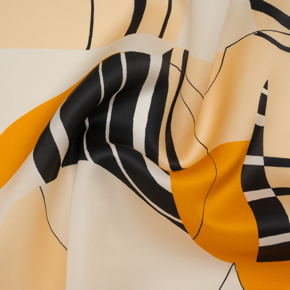 Heavy Silk Satin-Faced Organza, Made in Italy - Off White, Golden Yellow and Black Abstract Heavy Silk Satin-Faced Organza, Made in Italy - Off White, Golden Yellow and Black Abstract