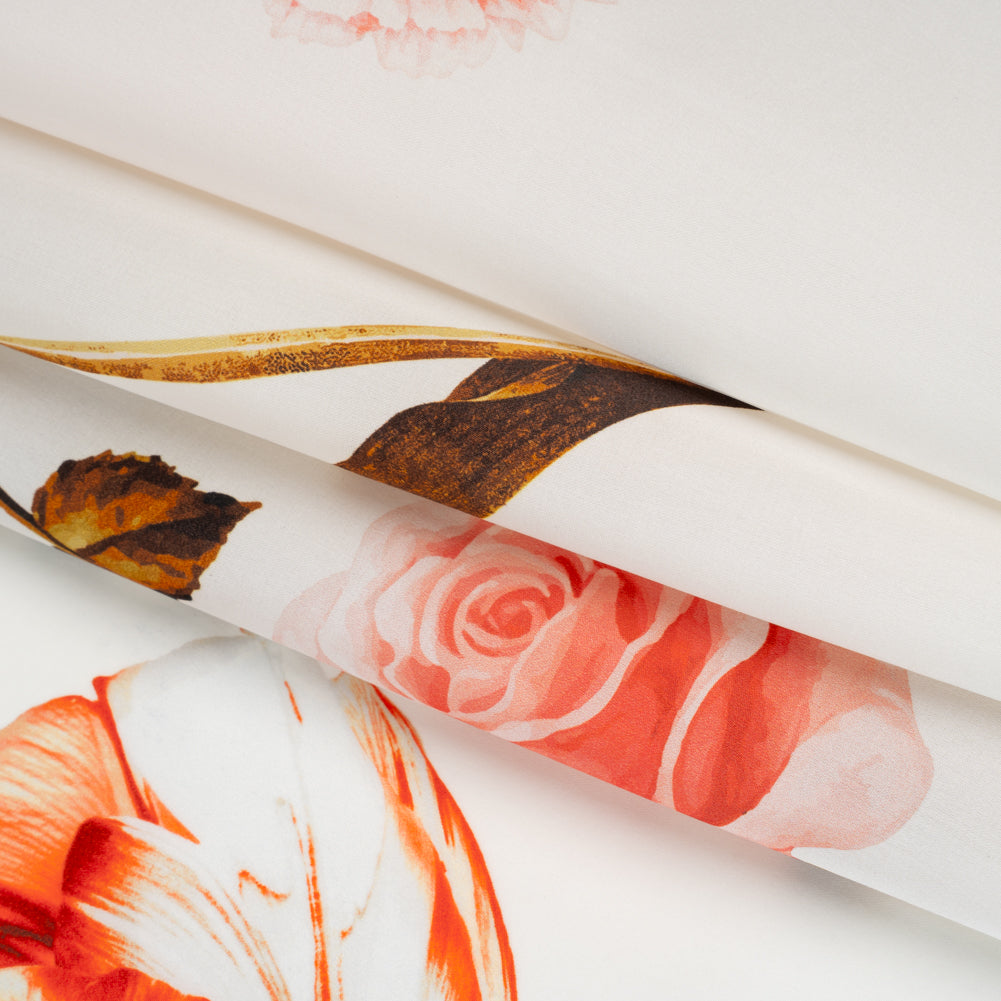 Heavy Silk Satin-Faced Organza, Made in Italy - Pink, White and Green Scattered Tulips and Roses Heavy Silk Satin-Faced Organza, Made in Italy - Pink, White and Green Scattered Tulips and Roses
