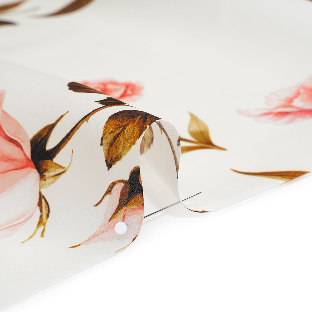 Heavy Silk Satin-Faced Organza, Made in Italy - Pink, White and Green Scattered Tulips and Roses Heavy Silk Satin-Faced Organza, Made in Italy - Pink, White and Green Scattered Tulips and Roses