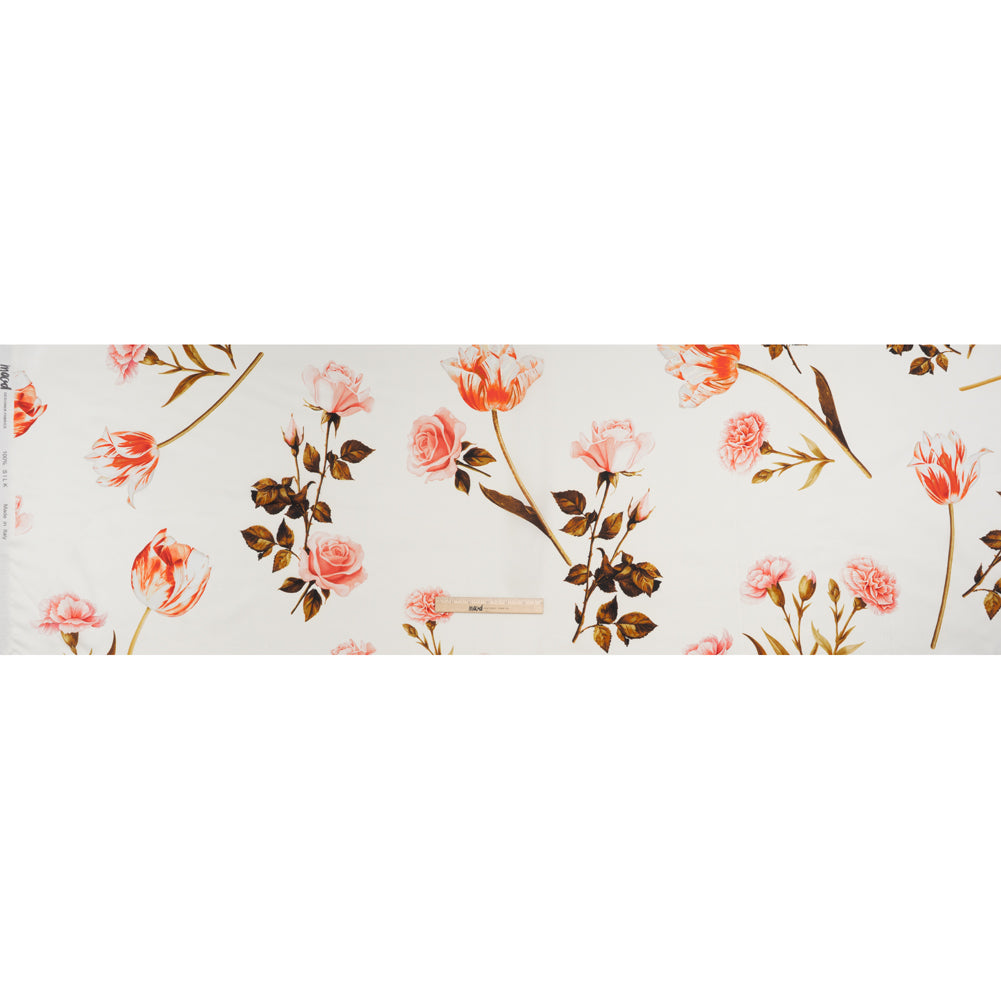 Heavy Silk Satin-Faced Organza, Made in Italy - Pink, White and Green Scattered Tulips and Roses Heavy Silk Satin-Faced Organza, Made in Italy - Pink, White and Green Scattered Tulips and Roses