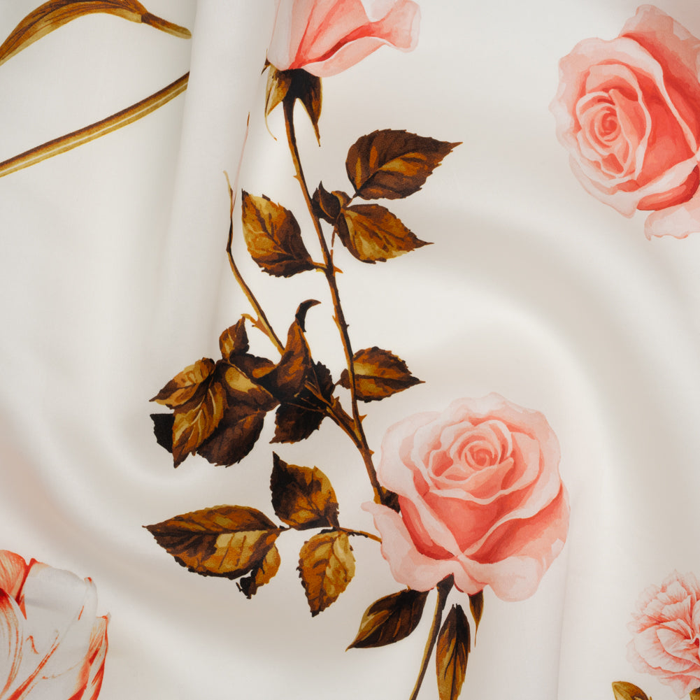Heavy Silk Satin-Faced Organza, Made in Italy - Pink, White and Green Scattered Tulips and Roses Heavy Silk Satin-Faced Organza, Made in Italy - Pink, White and Green Scattered Tulips and Roses