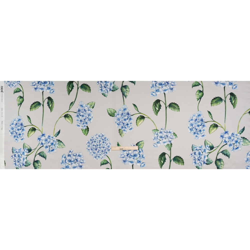 Heavy Silk Satin-Faced Organza, Made in Italy - Pale Gray, Blue and Green Hydrangeas Heavy Silk Satin-Faced Organza, Made in Italy - Pale Gray, Blue and Green Hydrangeas