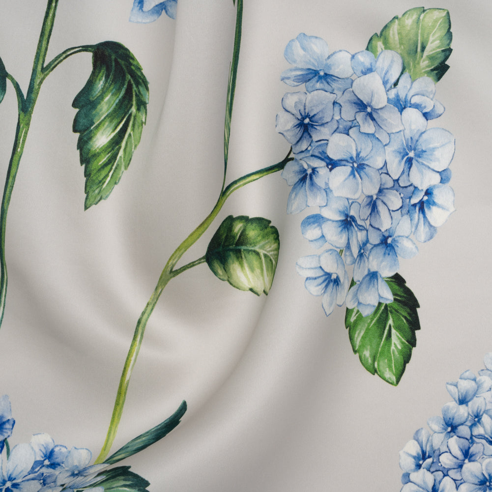 Heavy Silk Satin-Faced Organza, Made in Italy - Pale Gray, Blue and Green Hydrangeas Heavy Silk Satin-Faced Organza, Made in Italy - Pale Gray, Blue and Green Hydrangeas