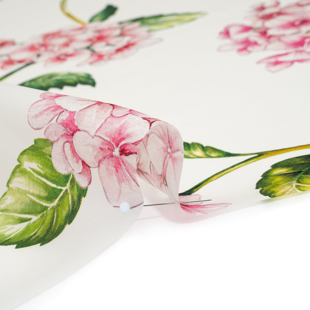 Heavy Silk Satin-Faced Organza, Made in Italy - White, Pink and Green Hydrangeas Heavy Silk Satin-Faced Organza, Made in Italy - White, Pink and Green Hydrangeas