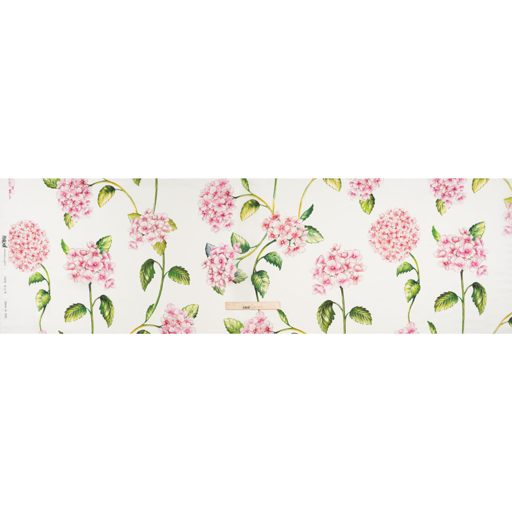 Heavy Silk Satin-Faced Organza, Made in Italy - White, Pink and Green Hydrangeas Heavy Silk Satin-Faced Organza, Made in Italy - White, Pink and Green Hydrangeas