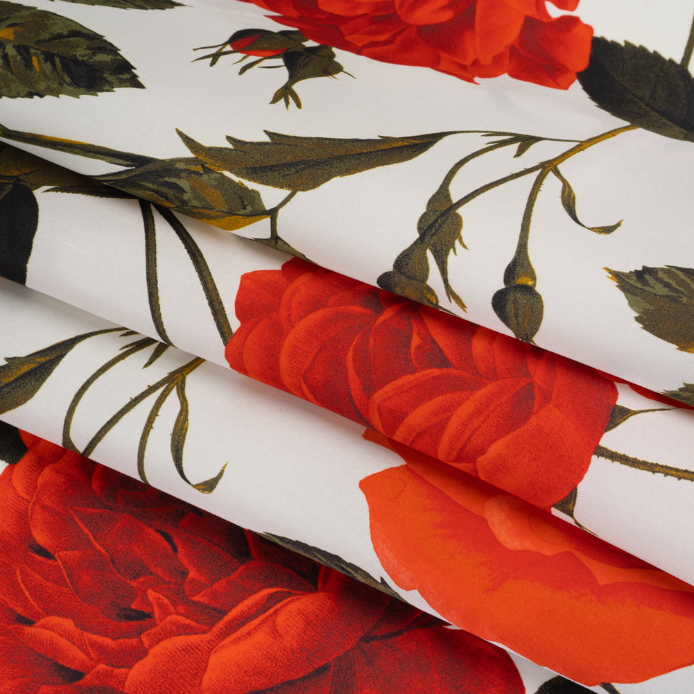 Heavy Silk Satin-Faced Organza, Made in Italy - White, Red and Olive Green Roses and Stems Heavy Silk Satin-Faced Organza, Made in Italy - White, Red and Olive Green Roses and Stems