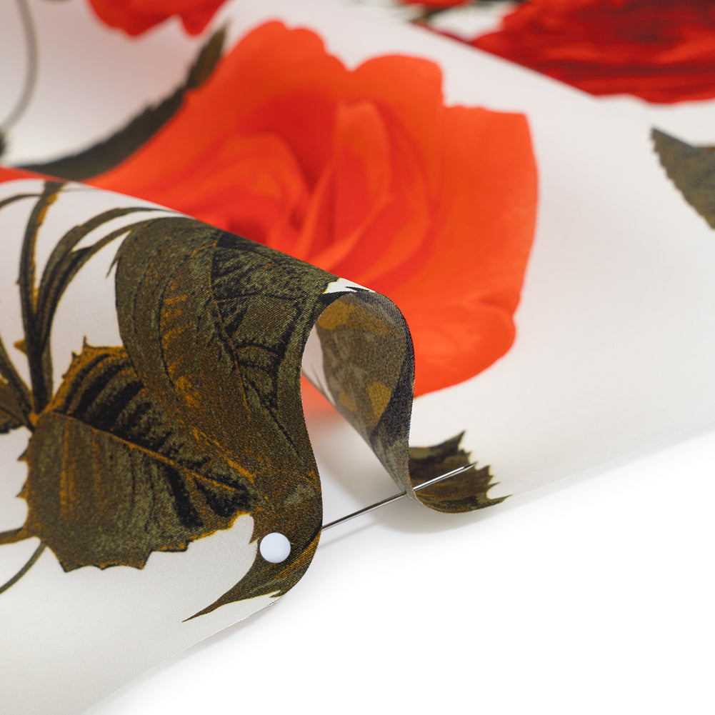 Heavy Silk Satin-Faced Organza, Made in Italy - White, Red and Olive Green Roses and Stems Heavy Silk Satin-Faced Organza, Made in Italy - White, Red and Olive Green Roses and Stems