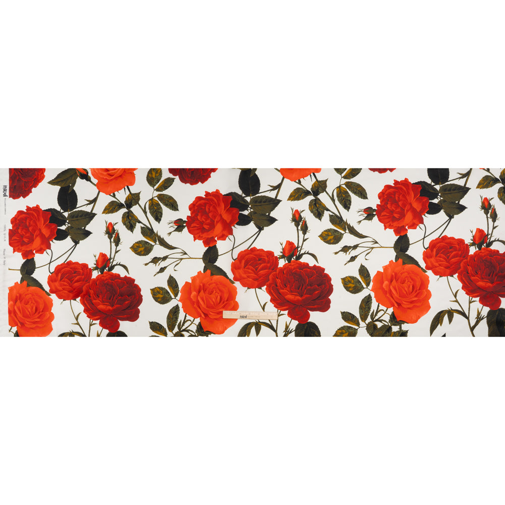 Heavy Silk Satin-Faced Organza, Made in Italy - White, Red and Olive Green Roses and Stems Heavy Silk Satin-Faced Organza, Made in Italy - White, Red and Olive Green Roses and Stems