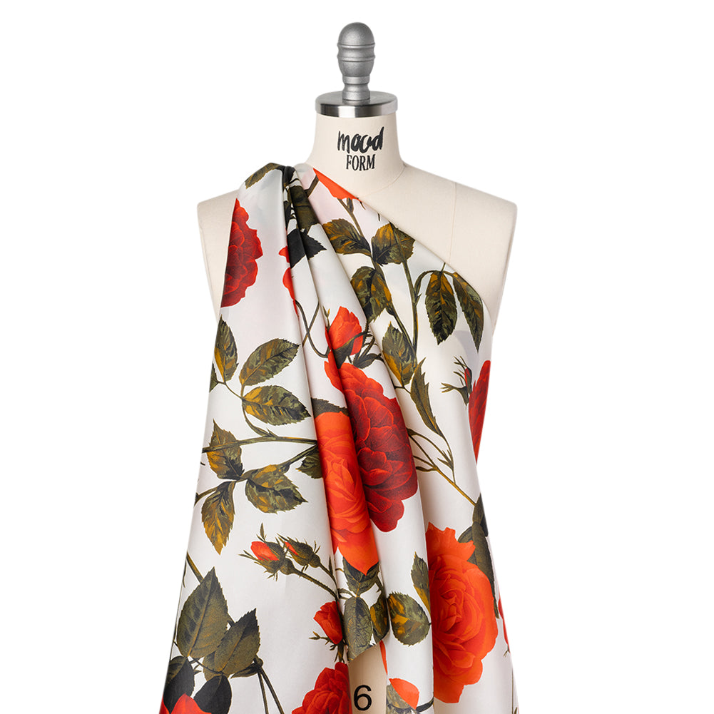 Heavy Silk Satin-Faced Organza, Made in Italy - White, Red and Olive Green Roses and Stems Heavy Silk Satin-Faced Organza, Made in Italy - White, Red and Olive Green Roses and Stems