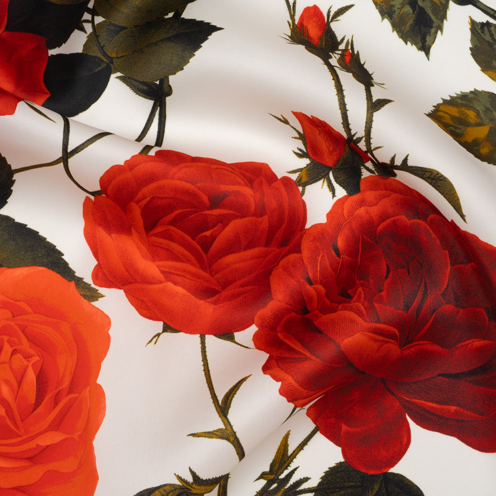 Heavy Silk Satin-Faced Organza, Made in Italy - White, Red and Olive Green Roses and Stems Heavy Silk Satin-Faced Organza, Made in Italy - White, Red and Olive Green Roses and Stems