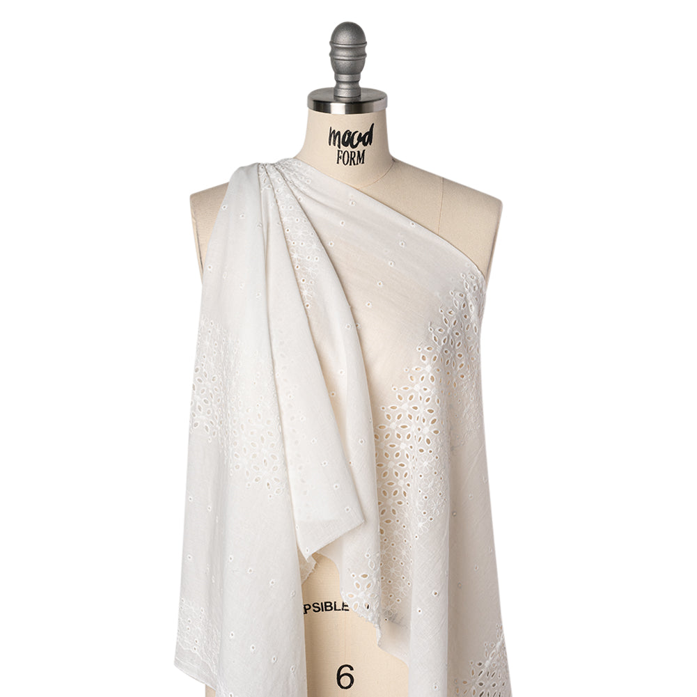Embroidered Eyelet Cotton Voile - White Floral and Dot Stripes with Scalloped Border - Naomi Collection Embroidered Eyelet Cotton Voile - White Floral and Dot Stripes with Scalloped Border - Naomi Collection