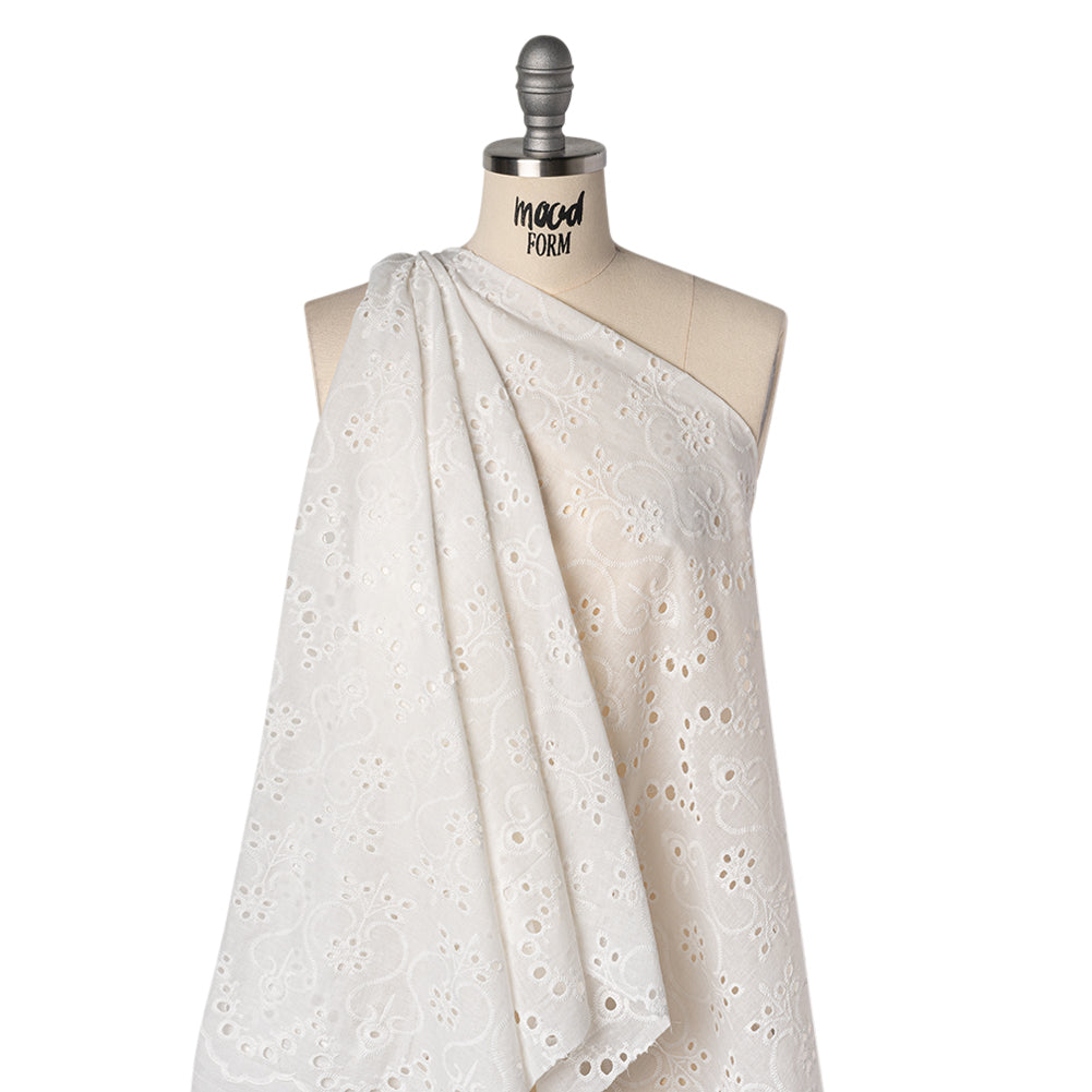 Embroidered Eyelet Cotton Voile - White Flowers and Swirls with Scalloped Borders - Naomi Collection Embroidered Eyelet Cotton Voile - White Flowers and Swirls with Scalloped Borders - Naomi Collection