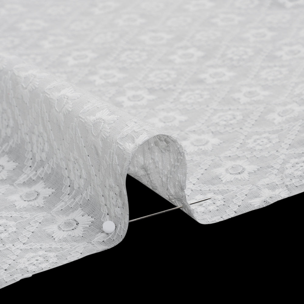 Embroidered Eyelet Cotton Voile - White Flowers in Diamond Lattice - Naomi Collection Embroidered Eyelet Cotton Voile - White Flowers in Diamond Lattice - Naomi Collection