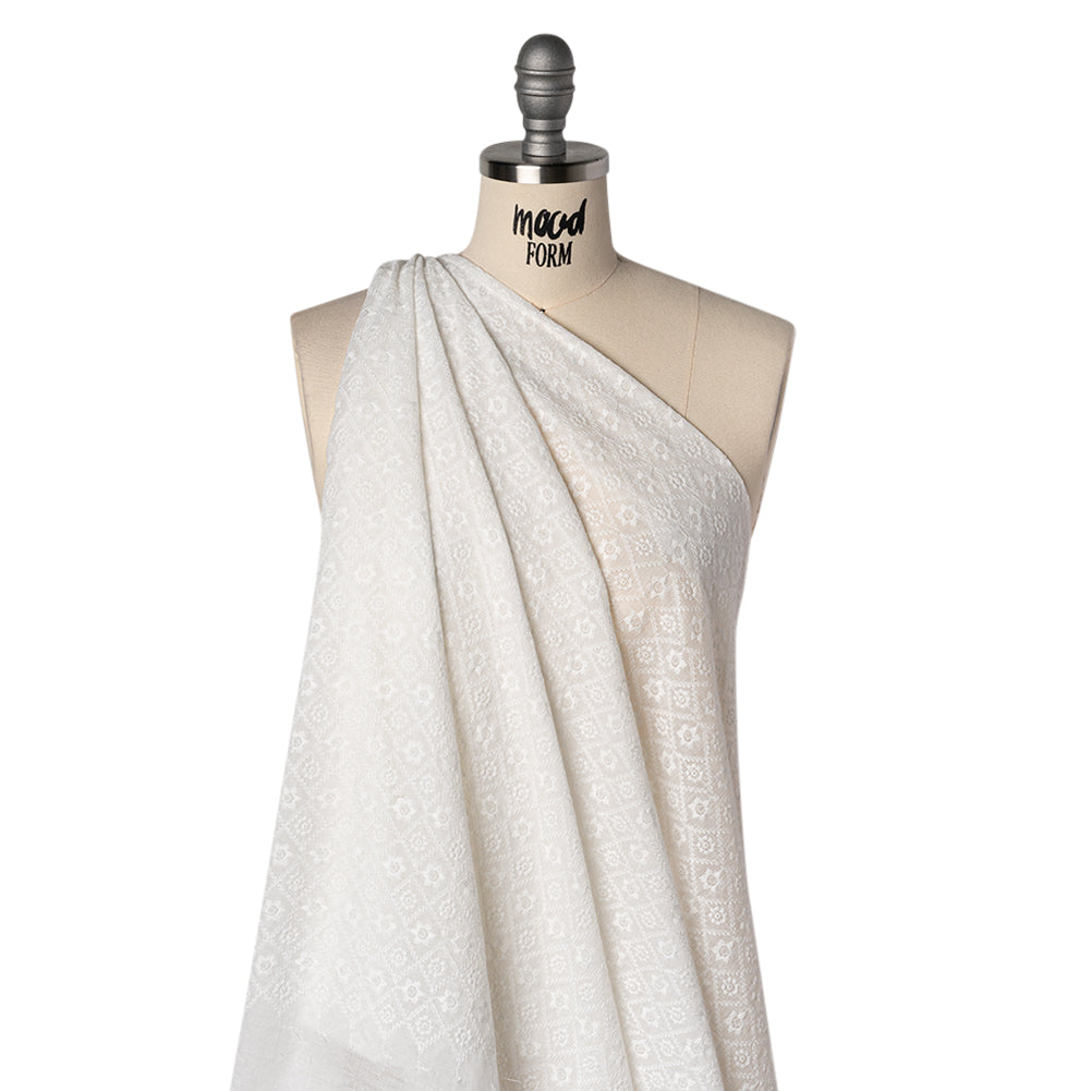 Embroidered Eyelet Cotton Voile - White Flowers in Diamond Lattice - Naomi Collection Embroidered Eyelet Cotton Voile - White Flowers in Diamond Lattice - Naomi Collection