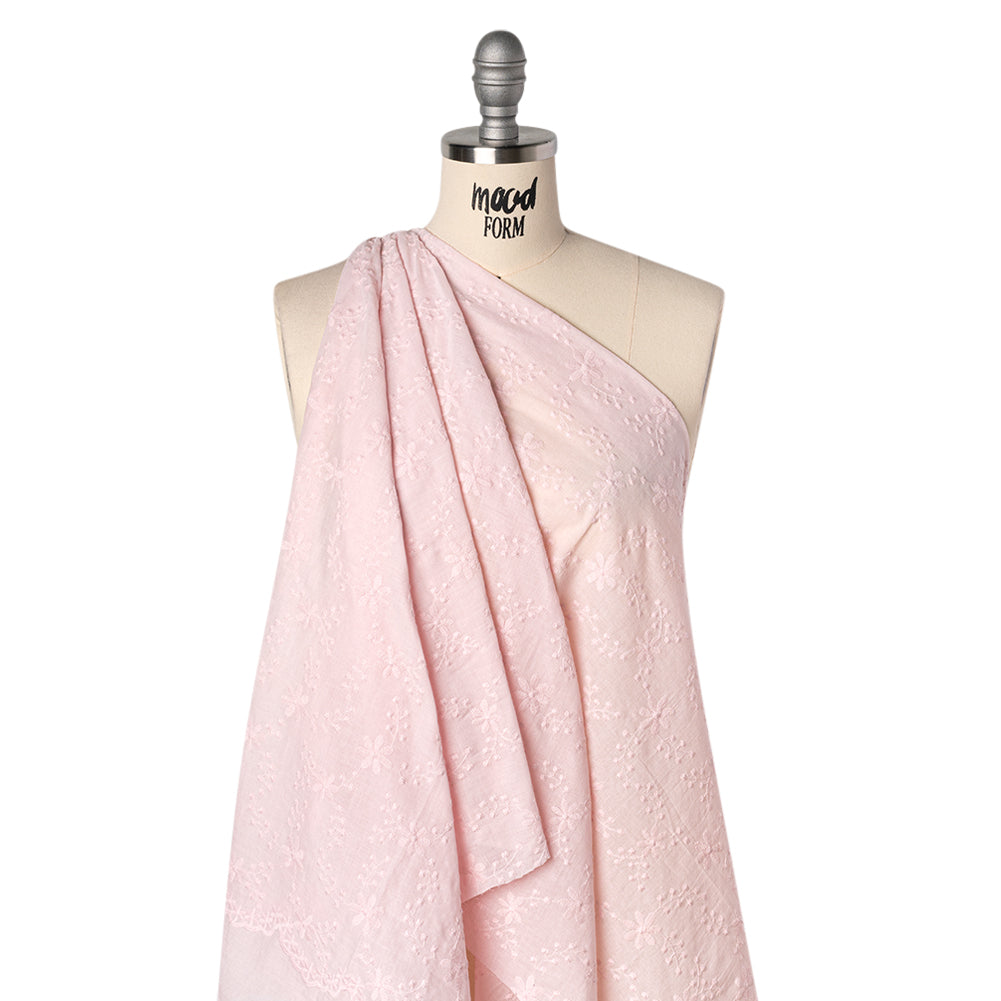 Embroidered Eyelet Cotton Voile - Baby Pink Flowers on Branches - Naomi Collection Embroidered Eyelet Cotton Voile - Baby Pink Flowers on Branches - Naomi Collection