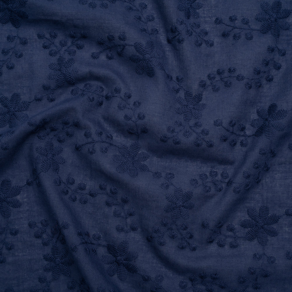 Embroidered Eyelet Cotton Voile - Medieval Blue Flowers on Branches - Naomi Collection Embroidered Eyelet Cotton Voile - Medieval Blue Flowers on Branches - Naomi Collection